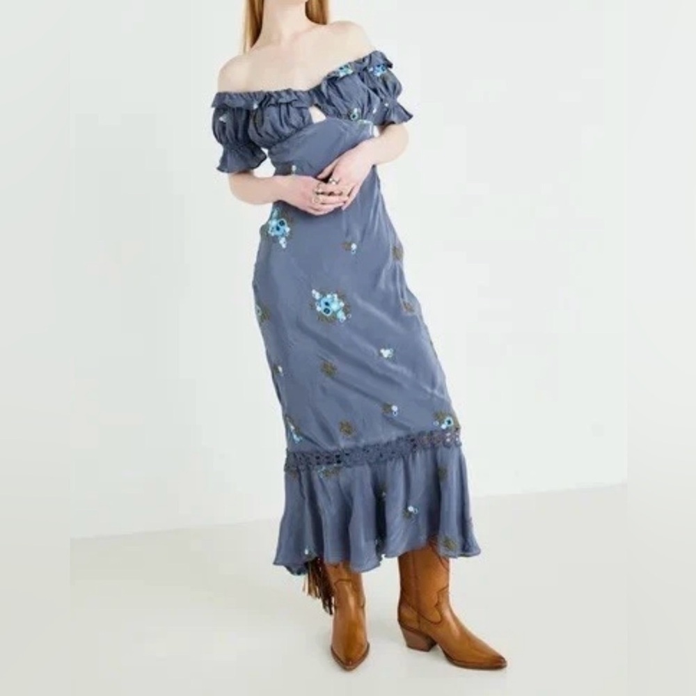 New No tags Free People Blue Floral Off-Shoulder Dress - Picture 1 of 8